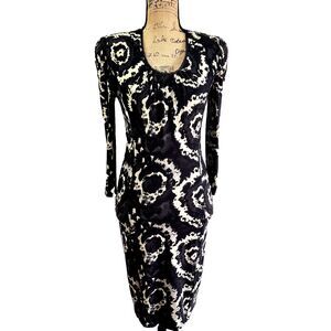 AMBIENTE Women's Bodycon Dress SZ 8 Black Yellow Print Stretch Padded Shoulders
